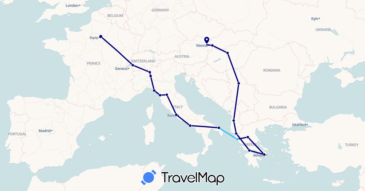TravelMap itinerary: driving, boat in Albania, Austria, Switzerland, France, Greece, Hungary, Italy, Serbia, Slovakia (Europe)